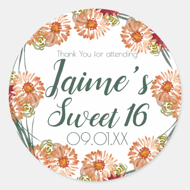 Adesivo Redondo Verde Floral de 16 Aquarelas Doce (Frente)