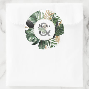 Adesivo Redondo Verde Glamouroso de Verão Monograma de Casamento