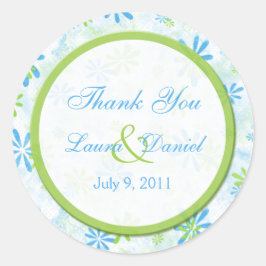 Adesivo Redondo Verde limão e Blue Floral 1,5" Obrigado Sticker