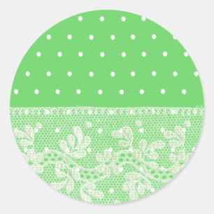 Adesivo Redondo Verde macio, branco, com pontos brancos e rendas f