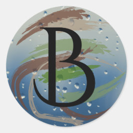 Adesivo Redondo Verde, Marrom e Beige Brushstrokes B Monograma