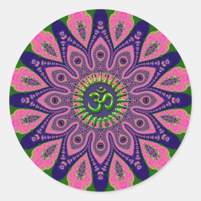 Adesivo Redondo Verde Om Funky Pink e Indigo Mandala (Frente)