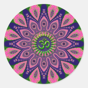 Adesivo Redondo Verde Om Funky Pink e Indigo Mandala