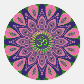 Adesivo Redondo Verde Om Funky Pink e Indigo Mandala