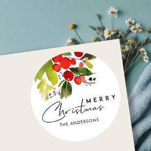ADESIVO REDONDO VERDE RED HOLY BERRIES WATERCOLOR MERRISTMAS