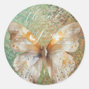 Adesivo Redondo Verde romântico e borboleta laranja te obrigado