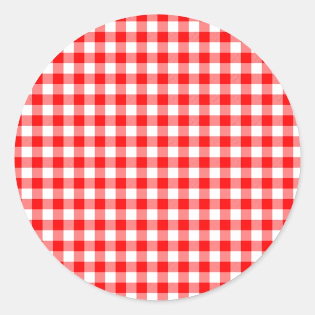 Adesivo Redondo Verificações de Gingham Vermelho e Branco (Frente)