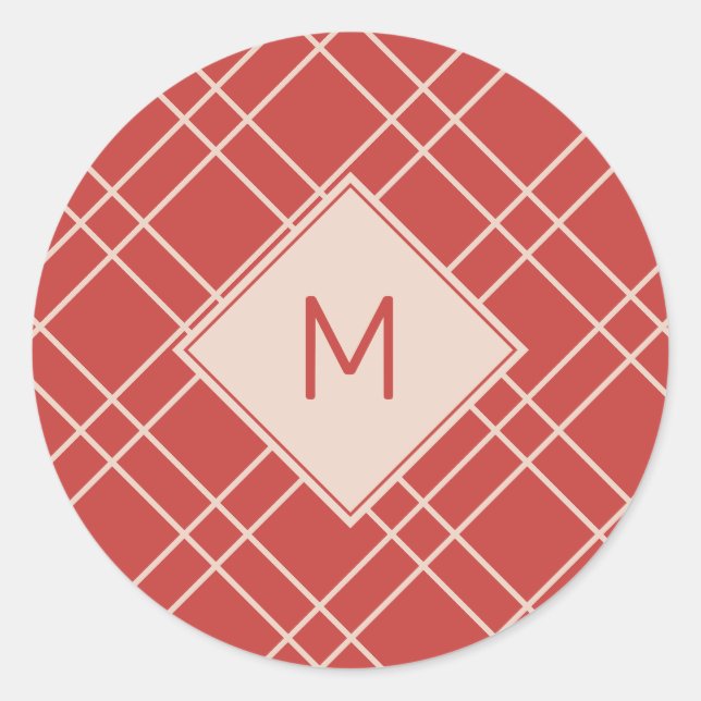 Adesivo Redondo Verificações Simples de Vermelho Natal e Monograma (Frente)