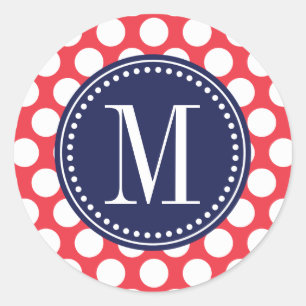 Adesivo Redondo Vermelho & bolinhas grandes de Navy Monogrammed