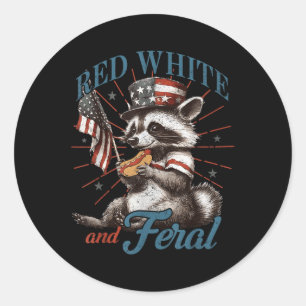 Adesivo Redondo Vermelho Branco E Feral Raccoon Engraçado 4 De Jul
