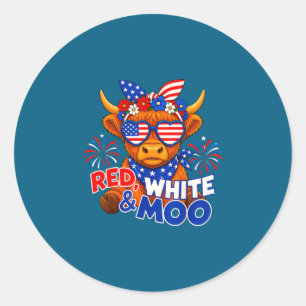 Adesivo Redondo Vermelho branco e moo engraçado patriótico vaca hi