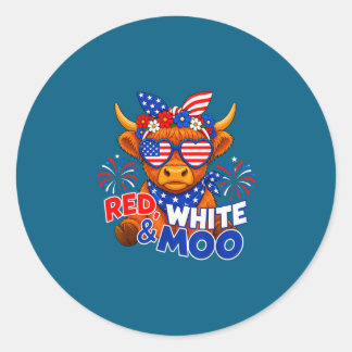Adesivo Redondo Vermelho branco e moo engraçado patriótico vaca hi
