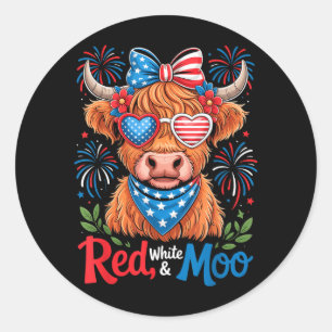 Adesivo Redondo Vermelho Branco E Moo Vaca Highland 4 De Julho 250