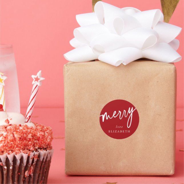 Adesivo Redondo Vermelho + Branco Personalizado 'Feliz' Natal/Féri (Festa)