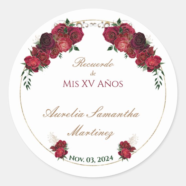Adesivo Redondo Vermelho, Branco, Quinceañera Stickers (Frente)