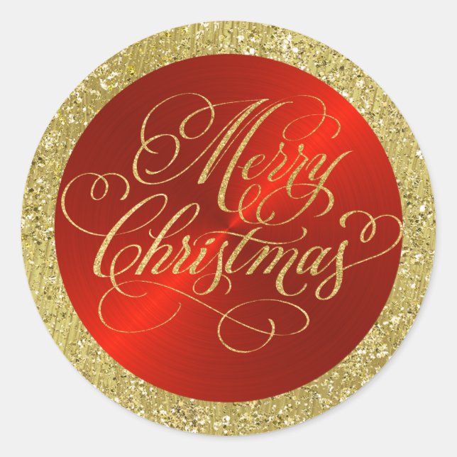 Adesivo Redondo Vermelho com Dourada Fronteira e Feliz Natal (Frente)