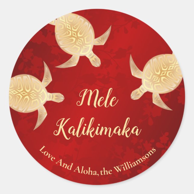Adesivo Redondo Vermelho Dourado Tartarugas | Mele Kalikimaka | Pe (Frente)
