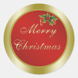 Adesivo Redondo Vermelho e Dourado, Feliz Natal do azevinho