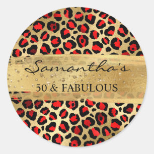 Adesivo Redondo Vermelho e Dourado Leopardo 50 & Fabuloso