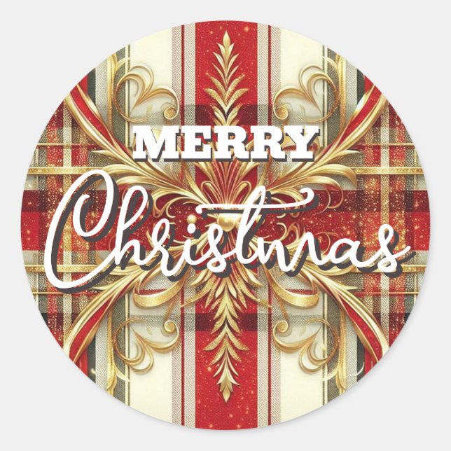 Adesivo Redondo Vermelho Elegante e Xadrez festiva Dourada (Frente)