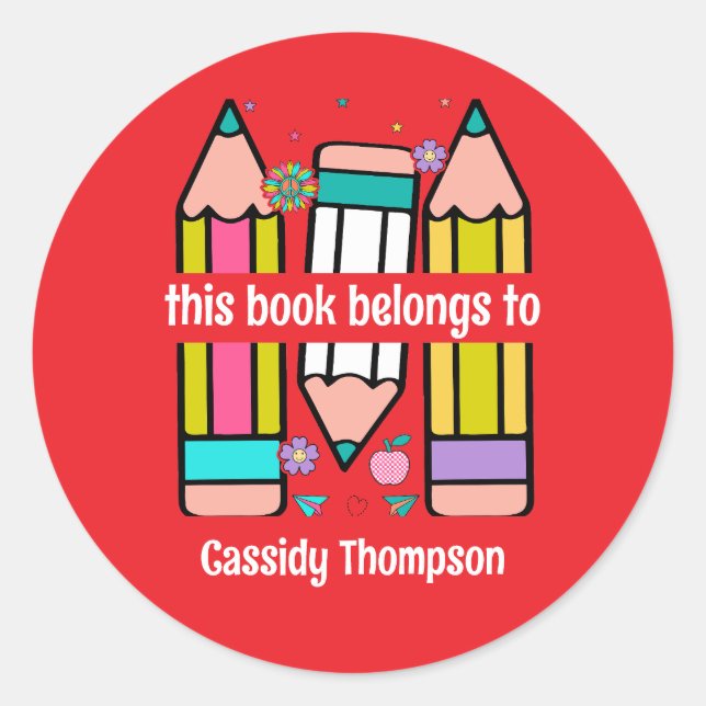 Adesivo Redondo Vermelho Este livro pertence ao lápis para garotos (Frente)