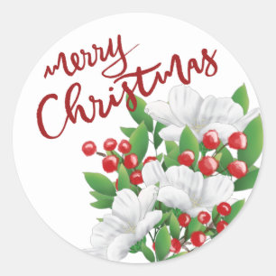 Adesivo Redondo Vermelho Feliz Natal Branco Vermelho Verde Floral