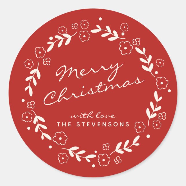 Adesivo Redondo Vermelho Feliz Natal Floral Rua Simples Personaliz (Frente)