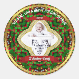 Adesivo Redondo Vermelho Festivo Verde Dourado Foto de Família de 
