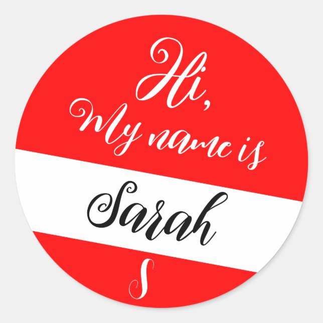 Adesivo Redondo Vermelho (Letra inicial e nome) Olá, Meu nome é (Frente)