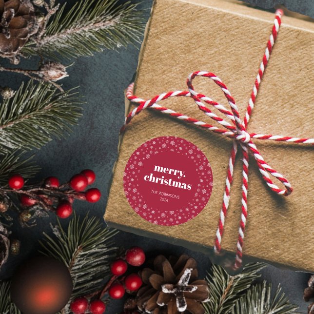 Adesivo Redondo Vermelho Natal Feliz de Script Moderno (Christmas holiday snowflake pattern stickers)