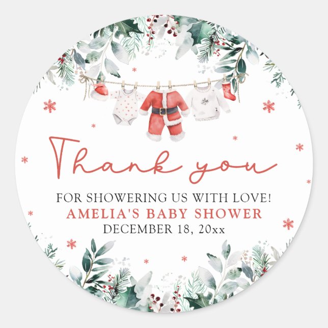 Adesivo Redondo Vermelho Papai Noel Bebê Roupas de Natal Varal Fes (Frente)