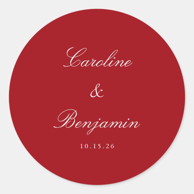 Adesivo Redondo Vermelho Personalizado de Casamento Elegante de Sc (Frente)