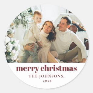 Adesivo Redondo Vermelho Personalizado de Feliz Natal Moderno Eleg