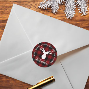 Adesivo Redondo Vermelho Preto Plaid Búfalo Rena Chifres Natal