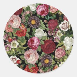 Adesivo Redondo Vermelho Rústico Rosa Floral Verde Botânico Preto