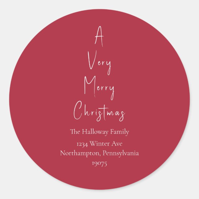 Adesivo Redondo Vermelho Uma Árvore De Natal Muito Feliz. (Frente)