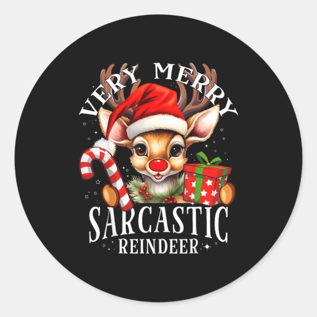 Adesivo Redondo Very Merry Sarcastic Reindeer Matching Christmas  (Frente)