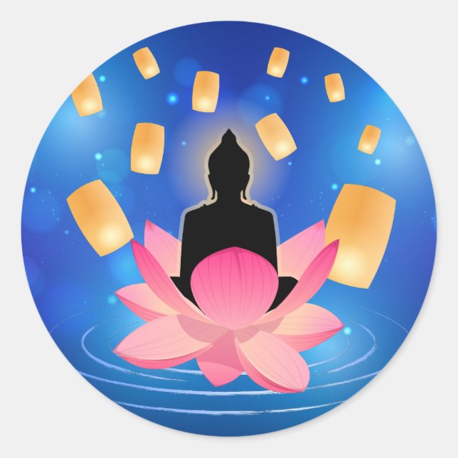 Adesivo Redondo Vesak Day Buddha sobre Lotus Lantern Vaisakha (Frente)