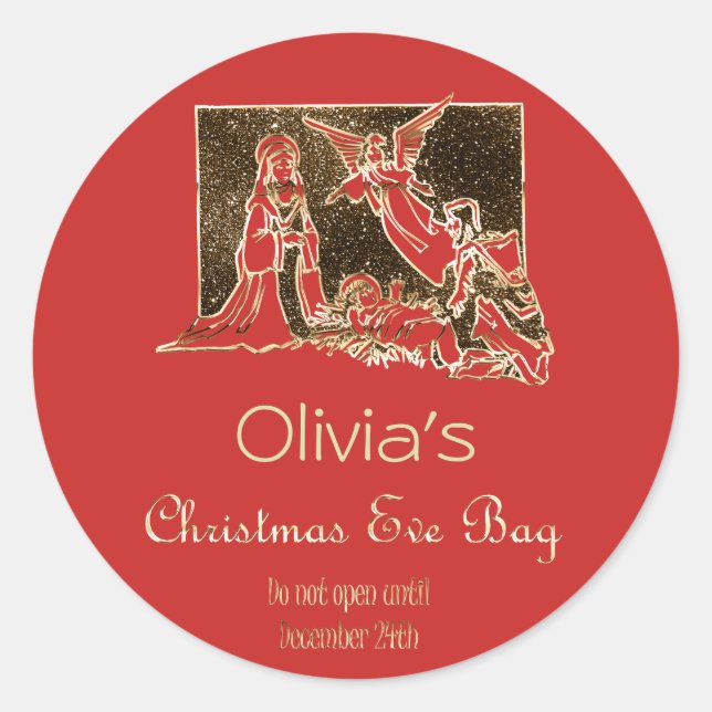 Adesivo Redondo Véspera de Natal Natividade Vermelho Falso Texto D (Frente)