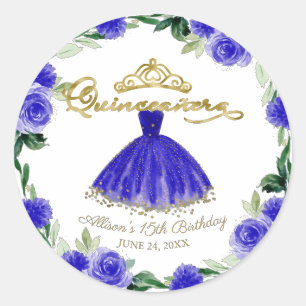 Adesivo Redondo Vestido Azul Real Quinceanera Floral
