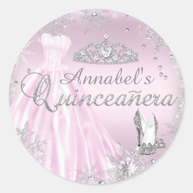 Adesivo Redondo Vestido Cintilante Rosa Tiara Quinceanera Sticker (Frente)