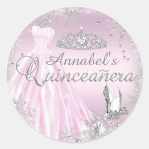 Adesivo Redondo Vestido Cintilante Rosa Tiara Quinceanera Sticker