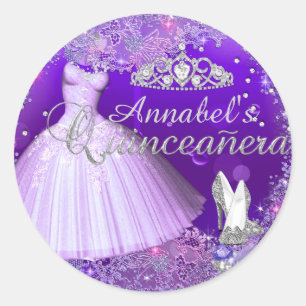 Adesivo Redondo Vestido com Brilho Roxo e Tiara Quinceanera Adesiv