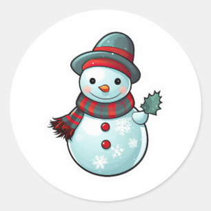 Adesivo Redondo Vestido com um bonitinho Snowman segurando uma fol