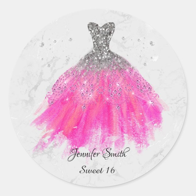 Adesivo Redondo Vestido cor-de-rosa, doce de prata, dezesseis (Frente)