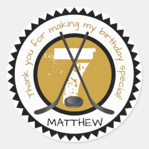 Adesivo Redondo Vestido de Aniversário de Hockey Preto e Dourado