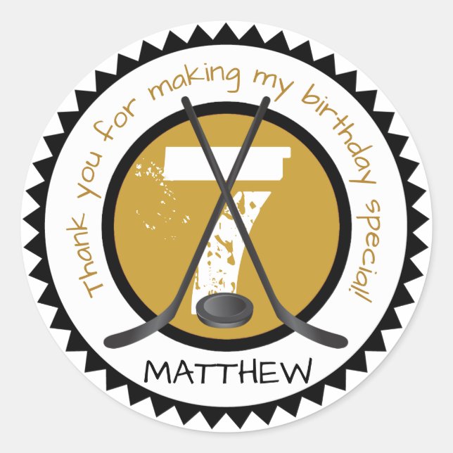 Adesivo Redondo Vestido de Aniversário de Hockey Preto e Dourado (Frente)