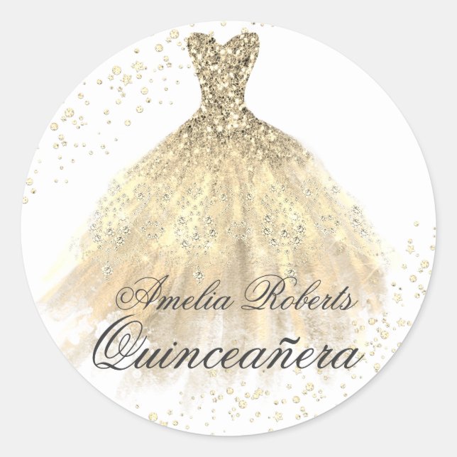 Adesivo Redondo Vestido de faísca Dourado Quinceanera (Frente)