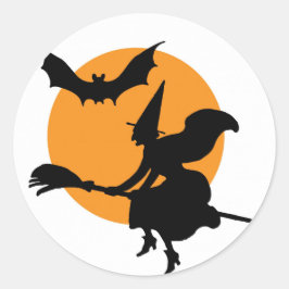 Adesivo Redondo Vestido de Halloween com bruxa voadora.