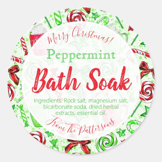 Adesivo Redondo Vestido de Natal - Cane Bath Bomb Salt Soak Label (Frente)